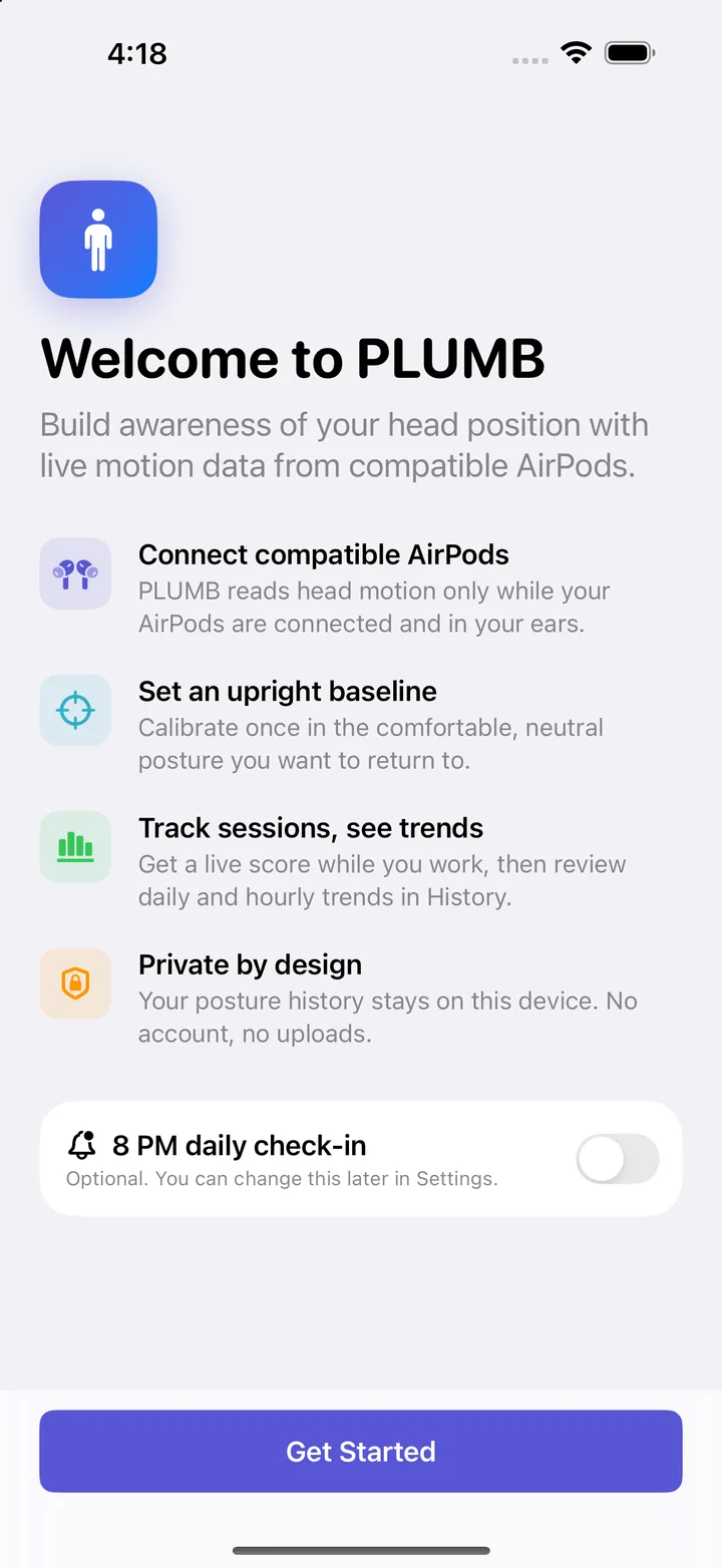 Welcome screen explaining AirPods, baseline calibration, trends, and privacy
