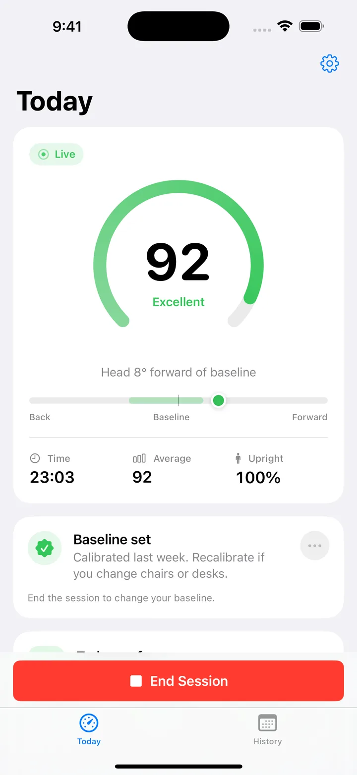 Today tab during a live session, showing a score of 92 with the head 8 degrees forward of baseline